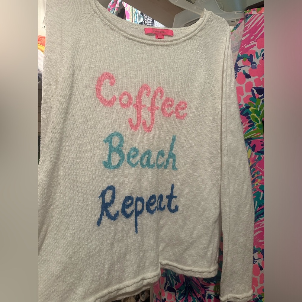 Lilly Pulitzer 'Coffee Beach Repeat' Cream Pullover with Pink, Teal & Blue Text